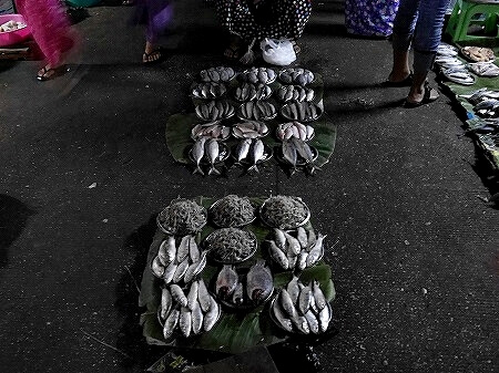 ミャンマー　ヤンゴン　26番通り　ナイトマーケット　暗い　市場　魚