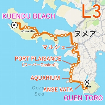 ニューカレドニアのバスアプリ「Tanéo」の使い方ガイド L3番の路線図