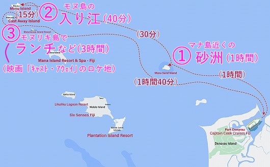 フィジーの「Cruisin Fiji」のツアーのルートマップ・所要時間