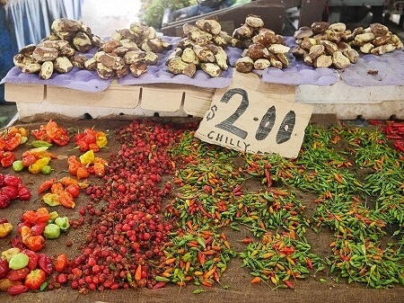 フィジーのラウトカマーケット（Lautoka Market）の栗（ivi）と唐辛子（ボンゴチリなど）