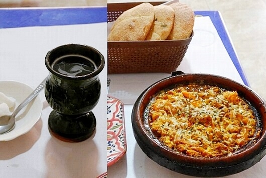 モロッコのサフィのレストラン「Restaurant Chez Said」のイカとエビのタジンとホブズとミントティー