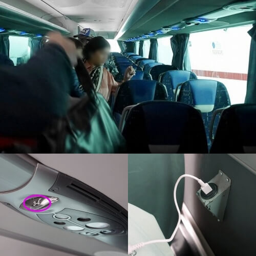モロッコのCTMバスの車内の様子（席番号とUSBポート）