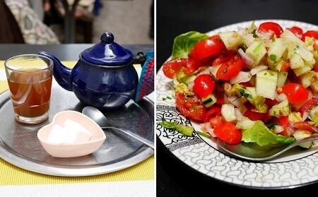 モロッコのエッサウィラのレストラン「Chez Hafida」のミントティーとモロカンサラダ