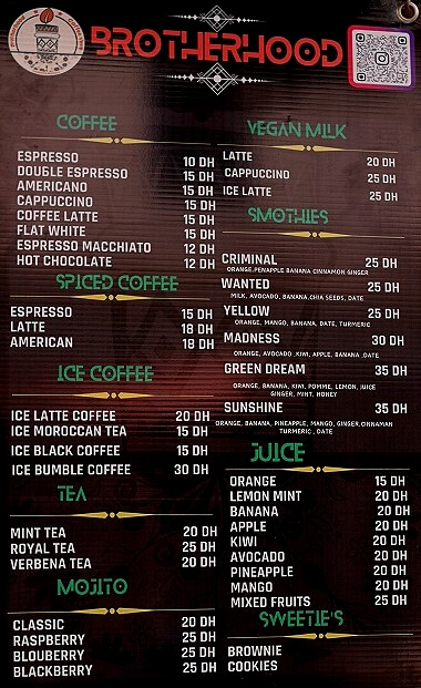 モロッコのエッサウィラのおすすめおしゃれカフェ「Brotherhood Coffee Shop」のメニュー