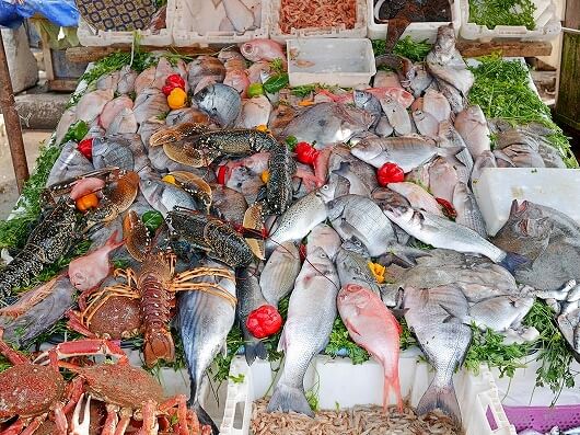 モロッコのエッサウィラ漁港の魚屋の魚やエビやカニ