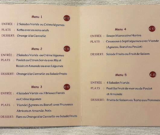 モロッコのマラケシュの「リヤド マラナ」のレストランメニュー（Riad Marana）