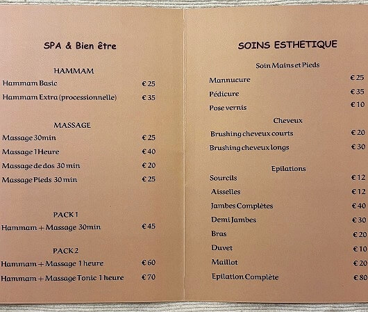 モロッコのマラケシュの「リヤド マラナ」のスパメニュー（Riad Marana）