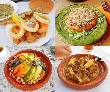 モロッコのマラケシュで食べられるモロッコ料理、シーフードフライ、パスティラ、クスクス、タンジーヤ