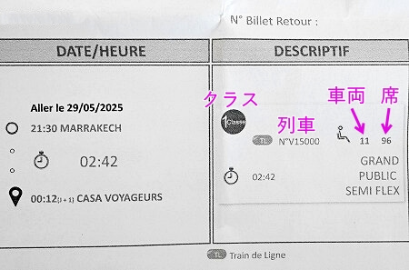 マラケシュ駅での列車の乗り方・席の見つけ方・チケットの見方（列車番号・クラス・車両番号・席番号）
