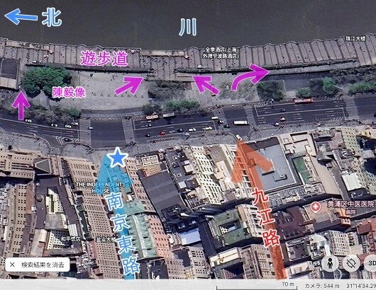 南京東路の先の外灘遊歩道への階段の場所（地図）