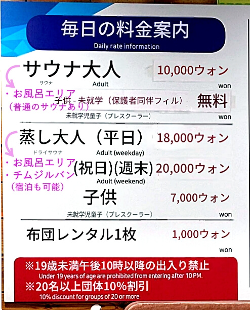 大邱の「グリーンビルサウナ（greenvillサウナ）」の料金表